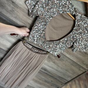 Lace & Beads Sequin Open Back Top & Flowy Skirt w/ lining Set Nude Tan & Silver